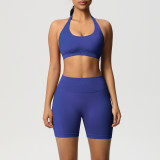Cross-border seamless backless halter neck sports bra and shorts yoga outfit set, tight-fitting running and fitness two-piece set