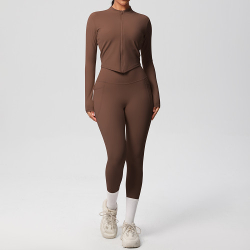 Cross-border Barely-there Feel Double-sided Brushed Tight-Fitting Long-Sleeve Yoga Set Outdoor Running Slimming Fitness Pants Sports Set for Women
