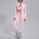 New cross-border seamless solid color tight-fitting high-elastic breathable three-piece sports running fitness yoga outfit set