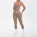 New cross-border double-sided brushed contrasting color tight-fitting breathable cross-over yoga outfit set for sports, running, and fitness two-piece set