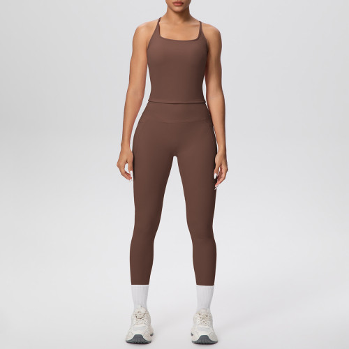 New cross-border brushed fabric tight-fitting racerback pocket yoga outfit set for sports, running, and fitness two-piece set