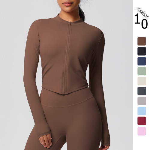 In-stock cross-border quick-dry naked-feel brushed gym zip-up jacket running sports tight-fitting long-sleeve yoga top for women