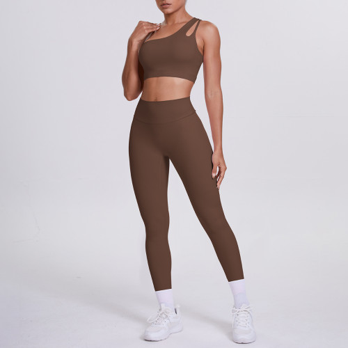Cross-border European and American double-sided nylon brushed one-shoulder yoga outfit set, sports running fitness long pants two-piece set for women