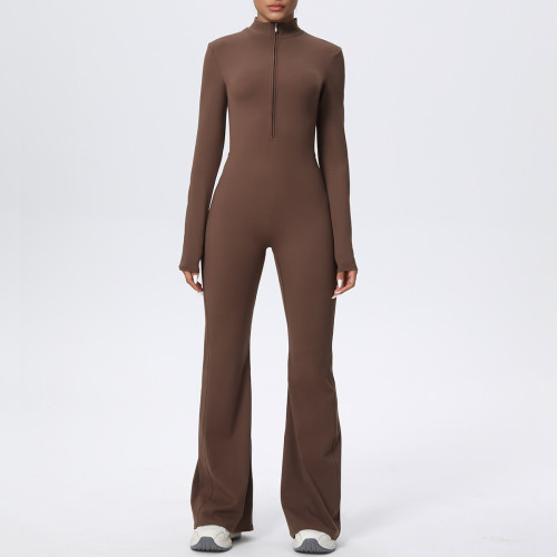 Cross-border European and American zippered cloud-feel tight-fitting long-sleeve yoga jumpsuit for high-intensity fitness and sports