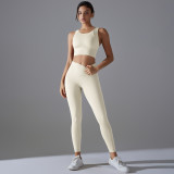 New solid color no-underwear required fixed-cup beautiful back sports yoga set, tight-fitting high-elastic fitness antibacterial yoga wear