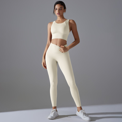 New solid color no-underwear required fixed-cup beautiful back sports yoga set, tight-fitting high-elastic fitness antibacterial yoga wear