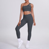 Cross-border European and American double-sided nylon brushed one-shoulder yoga outfit set, sports running fitness long pants two-piece set for women