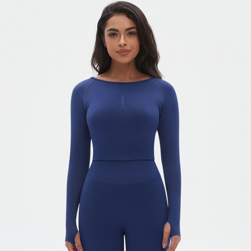 Cross-border European and American seamless knitted solid color tight-fitting high-elastic yoga top with long sleeves for women, suitable for sports, running, and fitness