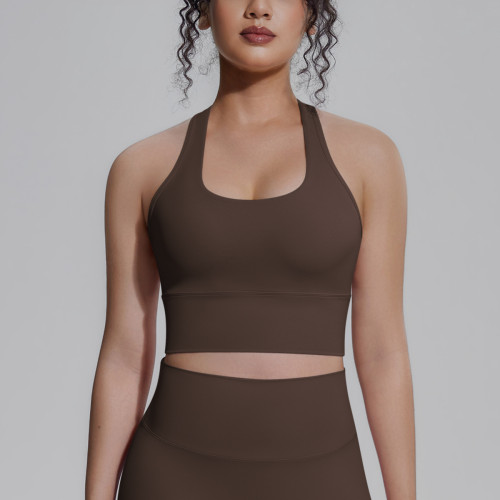 New cross-border solid color racerback tight-fitting breathable sports bra for running, fitness, and yoga, women's tank top