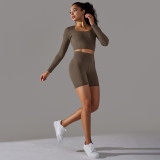 Cross-border European and American seamless knitted solid color polka dot high-elastic tight-fitting breathable yoga outfit set for running and fitness two-piece set