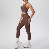 New cross-border solid color double-sided brushed fabric halter neck cropped pants yoga outfit set for women, suitable for sports, running, and fitness