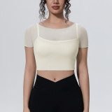 New cross-border solid color mesh double-layer breathable faux two-piece short-sleeve top for casual sports, running, fitness, and yoga
