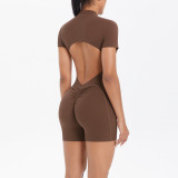 New cross-border European and American solid color zippered backless tight-fitting one-piece yoga suit, breathable sports running fitness jumpsuit