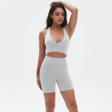Cross-border seamless knitted high-elastic tight-fitting sexy yoga outfit set with cross-back design for running and fitness, two-piece set
