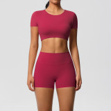 In-stock cross-border solid color double-sided brushed yoga outfit with chest support, running sports fitness short two-piece set for women