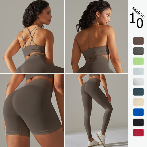 New cross-border European and American solid color high-elastic yoga outfit four-piece set, running sports bra, fitness yoga pants for women