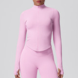 Cross-border seamless solid color tight-fitting high-elastic breathable stand-up collar zip-up jacket for women's sports, running, fitness, and yoga