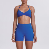 Cross-border seamless solid color halter neck bra and shorts yoga outfit set, tight-fitting running and fitness two-piece set