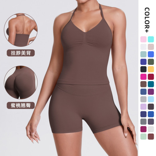 Cross-border seamless knitted solid color backless tank top and shorts yoga outfit set, tight-fitting running and fitness two-piece set