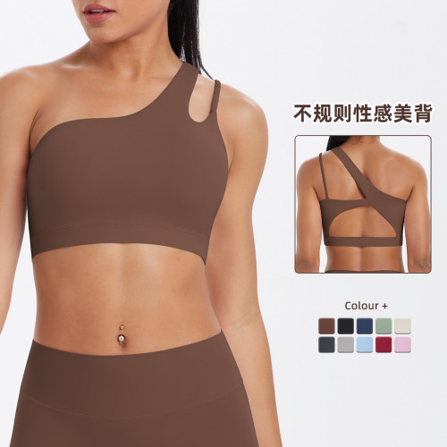 New cross-border spliced double-sided nylon brushed single-shoulder sports bra for running, fitness, and yoga for women