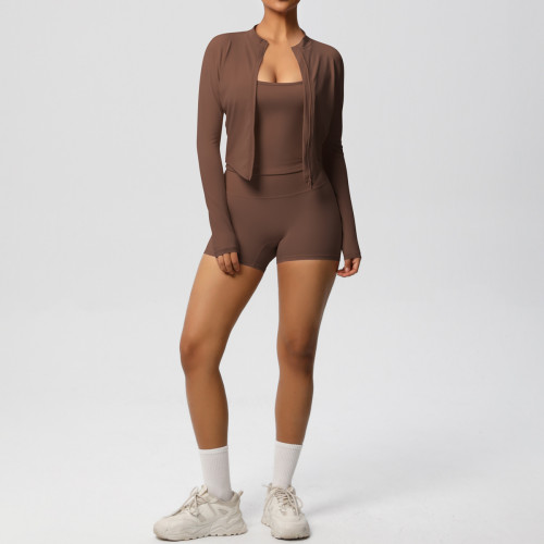 New cross-border solid color brushed fabric breathable strap yoga outfit set, three-piece running and fitness sportswear for women