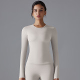 New double-sided brushed solid color long yoga shirt with long sleeves, high elasticity, breathable, suitable for sports, running, fitness, and casual wear for women