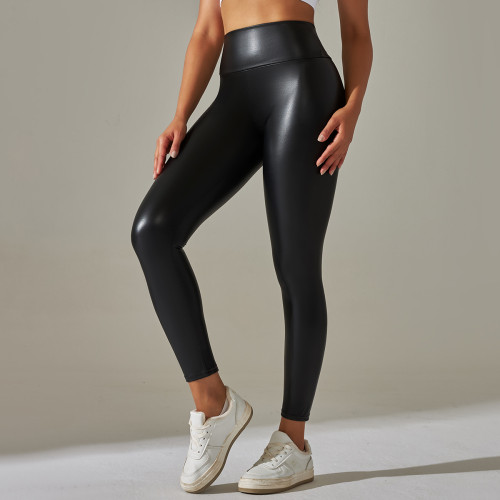New European and American style cross-border elastic PU leather pants for women, colorful high-waisted tight-fitting butt-lifting yoga leggings for outdoor wear