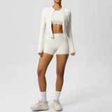 New cross-border solid color nude-feel brushed long-sleeve jacket tight-fitting three-piece sports running fitness yoga outfit set