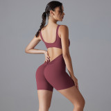 New double-sided nylon seamless high-elastic peach butt solid color V-waist tight shorts jumpsuit yoga wear