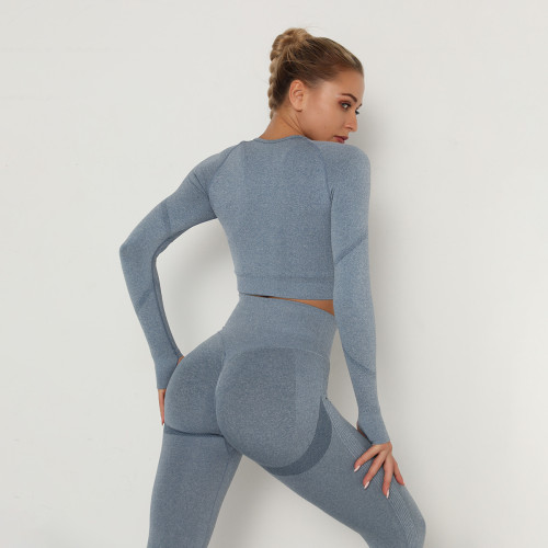 Cross-border European and American seamless yoga top with long sleeves, high elasticity, pleated, quick-drying long-sleeve fitness yoga top