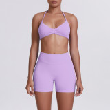 Cross-border seamless solid color halter neck bra and shorts yoga outfit set, tight-fitting running and fitness two-piece set