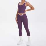 New cross-border double-sided brushed contrasting color tight-fitting breathable cross-over yoga outfit set for sports, running, and fitness two-piece set