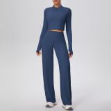 New cross-border solid color double-sided brushed zipper jacket and wide-leg yoga outfit set for sports, running, and fitness two-piece set