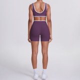 Cross-border double-sided brushed contrasting color tight-fitting breathable cross-waist yoga outfit set for women, suitable for sports, running, and fitness