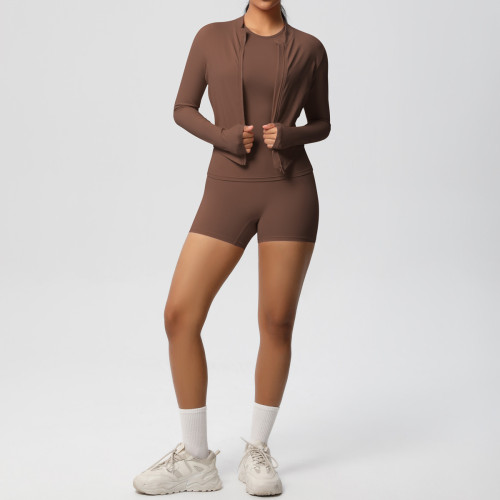 New cross-border breathable tight-fitting brushed long-sleeve jacket fitness yoga outfit solid color three-piece gym sportswear for women
