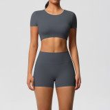New cross-border European and American solid color double-sided brushed breathable tight-fitting yoga outfit set for sports, running, and fitness, eight-piece set