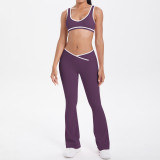 New cross-border double-sided brushed contrasting color tight-fitting breathable cross-over wide-leg yoga outfit for women for sports, running, and fitness