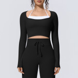 New cross-border seamless two-piece solid color long-sleeve T-shirt top, tight-fitting sports running fitness yoga wear