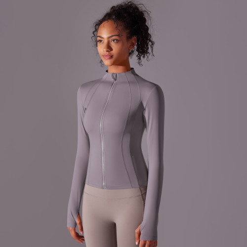 New solid color slim-fit stand-up collar zip-up long-sleeve jacket, brushed fabric sports running fitness long yoga top for women