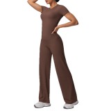 Cross-border double-sided brushed solid color tight-fitting training long-sleeve wide-leg yoga outfit set for sports, running, and fitness two-piece set