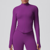 Cross-border seamless solid color tight-fitting high-elastic breathable stand-up collar zip-up jacket for women's sports, running, fitness, and yoga