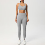 Cross-border seamless solid color halter neck sports bra yoga outfit set, tight-fitting running and fitness two-piece set