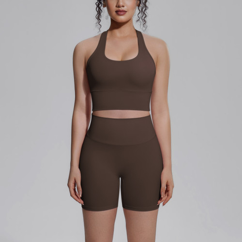 Cross-border solid color double-sided nylon tight-fitting breathable yoga outfit set for women, suitable for training, sports, running, and fitness