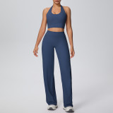 New cross-border solid color double-sided brushed fabric halter neck wide-leg pants yoga outfit set for women, suitable for sports, running, and fitness