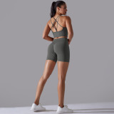 Cross-border European and American seamless knitted solid color high-elastic tight-fitting yoga outfit set, two-piece running and fitness wear for women