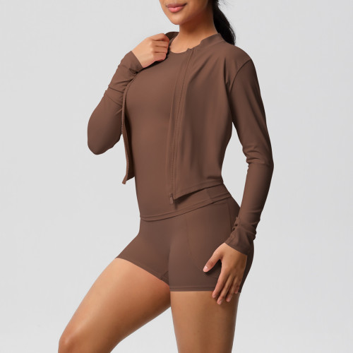 European and American cross-border cloud-feel brushed long-sleeve sports zip-up jacket, running butt-lifting fitness yoga three-piece set for women