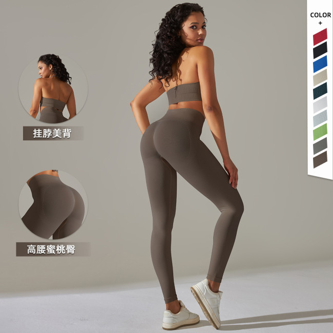 European and American cross-border seamless backless halter neck sports bra yoga outfit set, fitness bra and yoga pants two-piece set for women