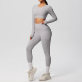 In-stock cross-border solid color double-sided brushed breathable high-elasticity tight-fitting yoga outfit set for sports, running, and fitness two-piece set