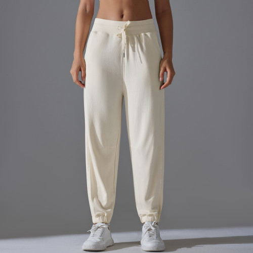 New drawstring solid color high-elasticity sports sweatpants, breathable loose yoga pants for training, running, and fitness, women's 7/8 length pants