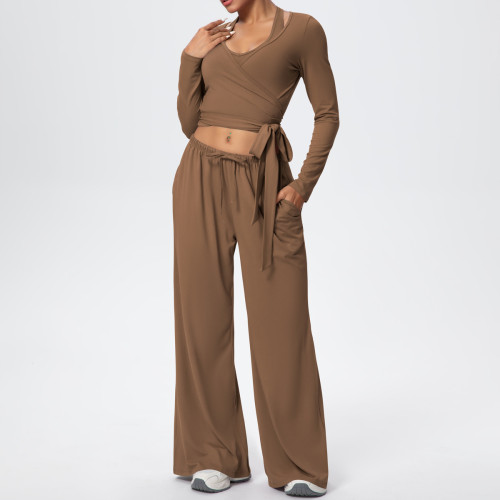 New cross-border solid color double-sided brushed drawstring long-sleeve vest three-piece sports running fitness yoga outfit set